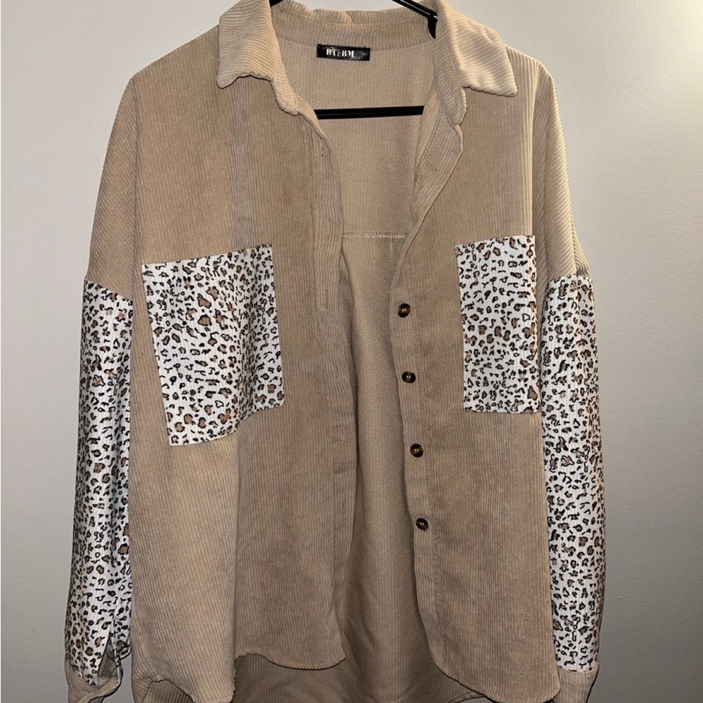 Tan Corduroy Shirt/Jackeg with Leopard Print Accents